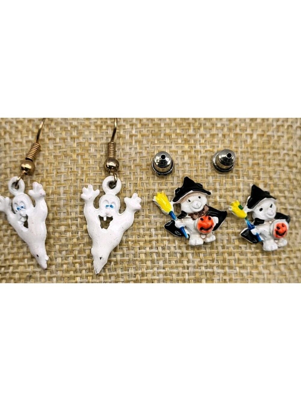 Fabulous Vintage Enamel Halloween Earrings Lot Of 2 Witch Bear & Ghost